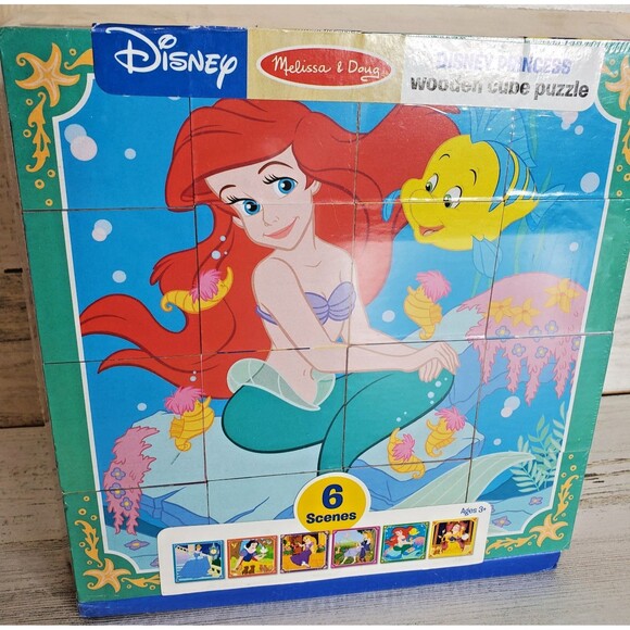 Melissa & Doug Disney Princess Wooden Cube Puzzle w/ Storage Tray 6 Puzzles NEW - Picture 2 of 6